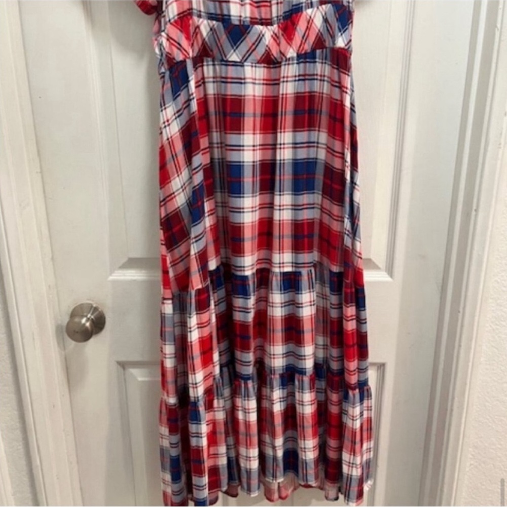 Torrid Puff Sleeve Tiered Midi Dress - Challis Plaid Red & Blue Sz14-16 (1X) EUC - Picture 11 of 14